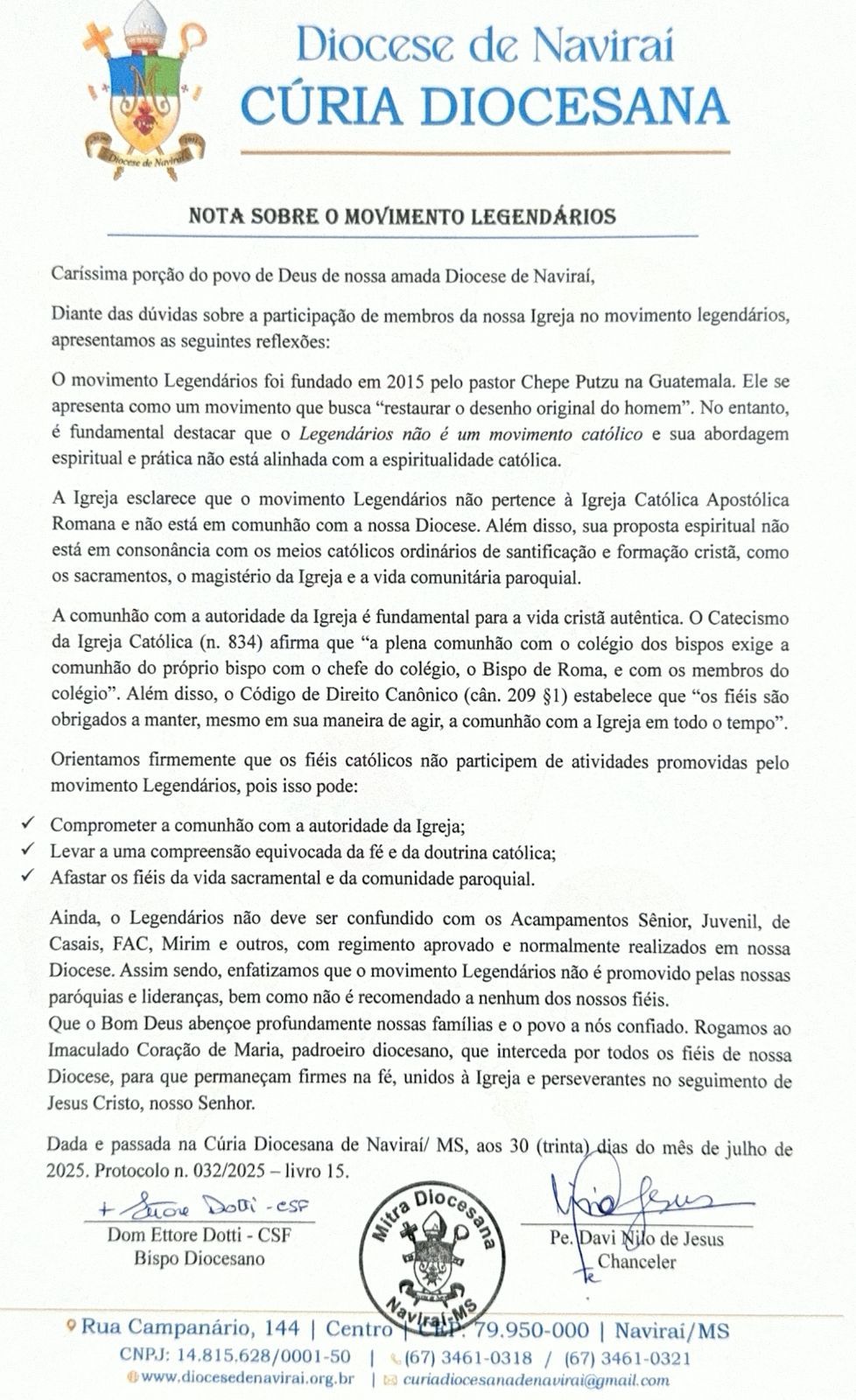 Bispo da Diocese de Naviraí, Dom Ettore Dotti emite sobre sobre o movimento Legendários.